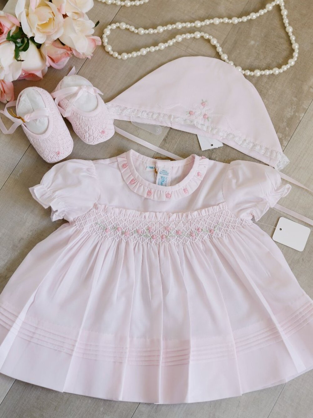 Pink Smocked Dress Rose Garden Collection Set Feltman Brothers Portrait NB NWT